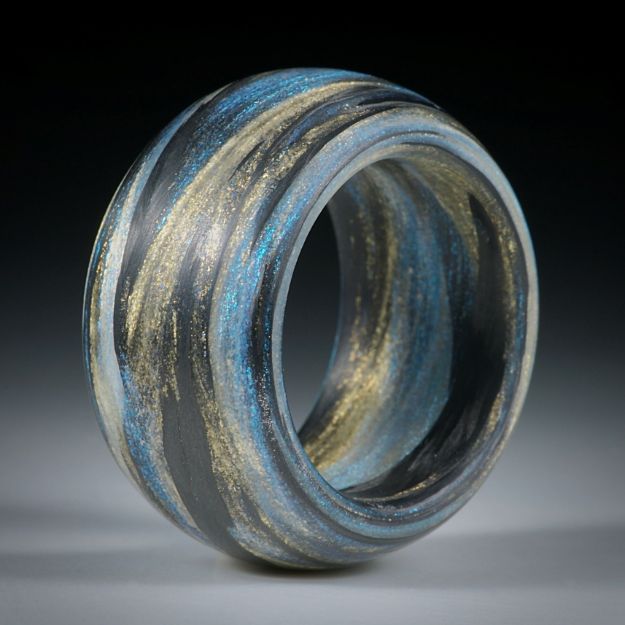 Fingerring Fibertec, Carbon / Glasfaser handgewickelt, Mira Sonnengold und Mira Türkis