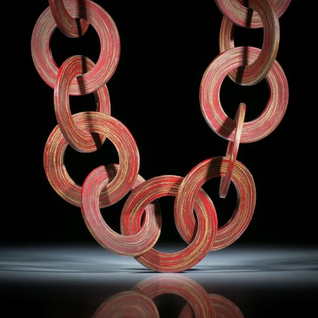 Glasfaser Scheibencollier Cadmiumrot/Bronce, Scheibendurchmesser 33mm, 25 Stk. Länge ca.46cm