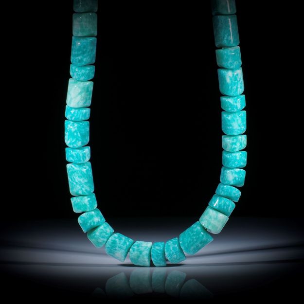 Edelsteincollier aus Amazonit, Zylinderformen mit gebogenen Seiten, poliert, Durchmesser ca.14mm, Länge 41cm